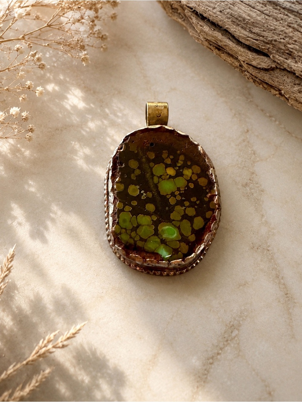 Green and Brown Mountain Grasshopper Turquoise Natural Pendant in Tibetan Silver